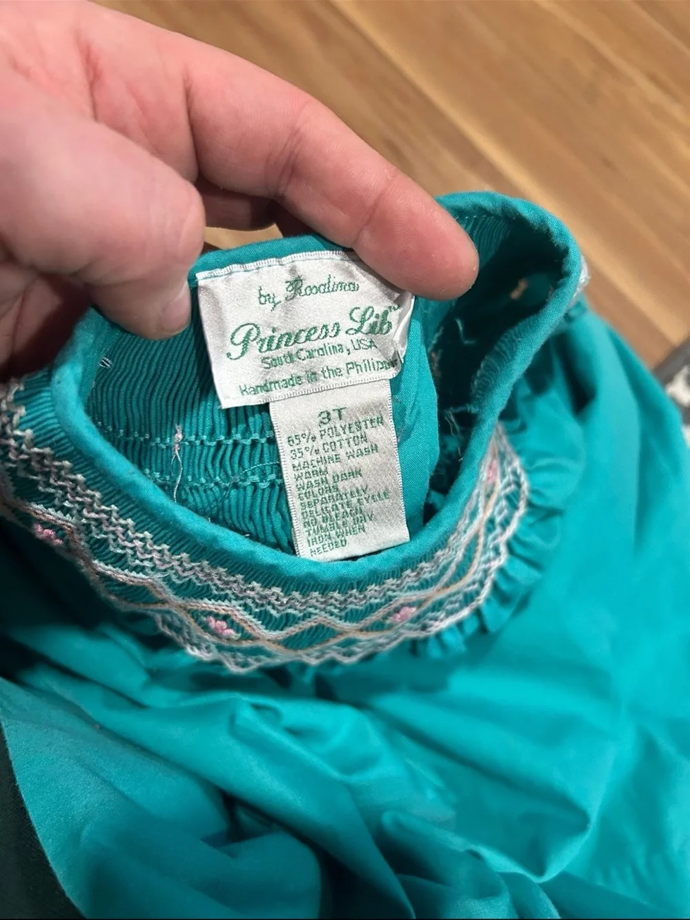 Vintage Girls Teal Smocked Yoke Dress Size 3T